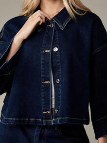 MISSGUIDED 女式短款牛仔夹克七分袖超大纽扣式卡车司机服秋春时尚休闲街头风格日常穿着