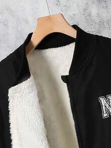 2pcs Teen Boys Teddy Fleece Printed Jacket & Black Japanese Style Sweatshirt Pants Set, Casual Sporty Outfit Suitable For School, Outdoor, Photography, Soft & Comfortable, Must-Have Teens Clothing Fall Winter - White - View 4