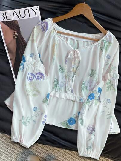 INAWLY Women's Floral Print Front Tie Button Design Raglan Sleeve Fashion Blouse Fall Cloth For Women