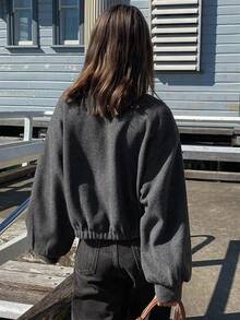 DAZY 女士秋冬立领短款宽松羊毛大衣外套 - 深灰色 - 查看 5