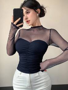 DAZY Áo thun tay dài chấm bi phối lưới gợi cảm thanh lịch dành cho nữ, phù hợp cho mùa thu, xuân và hè - Màu xanh hải quân - Xem 3