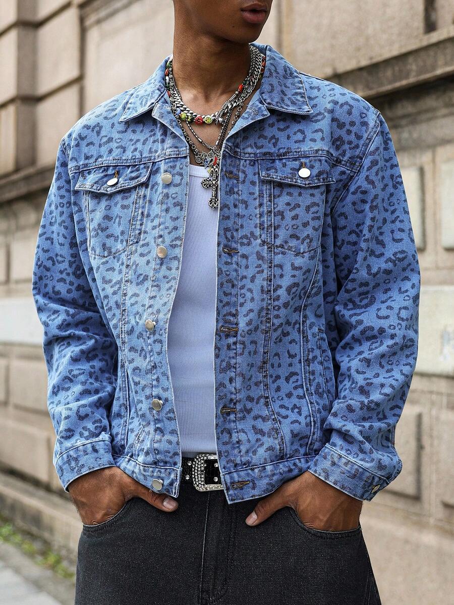 PAVTROS 男士豹纹长袖单排扣休闲牛仔夹克 - 淺色水洗藍 - 查看 1