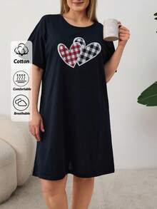 EURMUSE Cotton Plus Size Heart Printed Short Sleeve Sleepshirt - Navy Blue - View 1