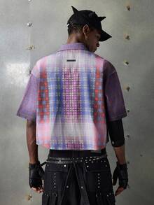 NEON BLANC Men's Summer Fashion Gradient Plaid Spider Web Rhinestone Shirt - Pink - View 3