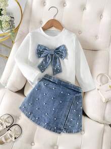 Girls' Casual Fashion Daily Street Crew Neck Long Sleeve Bow & Pearl Design T-Shirt With High Waist Short Denim Skort, Back To School Outfit, All Season Fall Winter