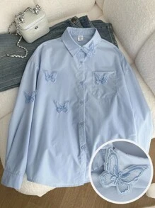 Tween 女童蓝色编织纯色蝴蝶结宽松可爱休闲衬衫，适合春季、秋季、冬季、秋冬分层穿着 - 藍色 - 查看 1