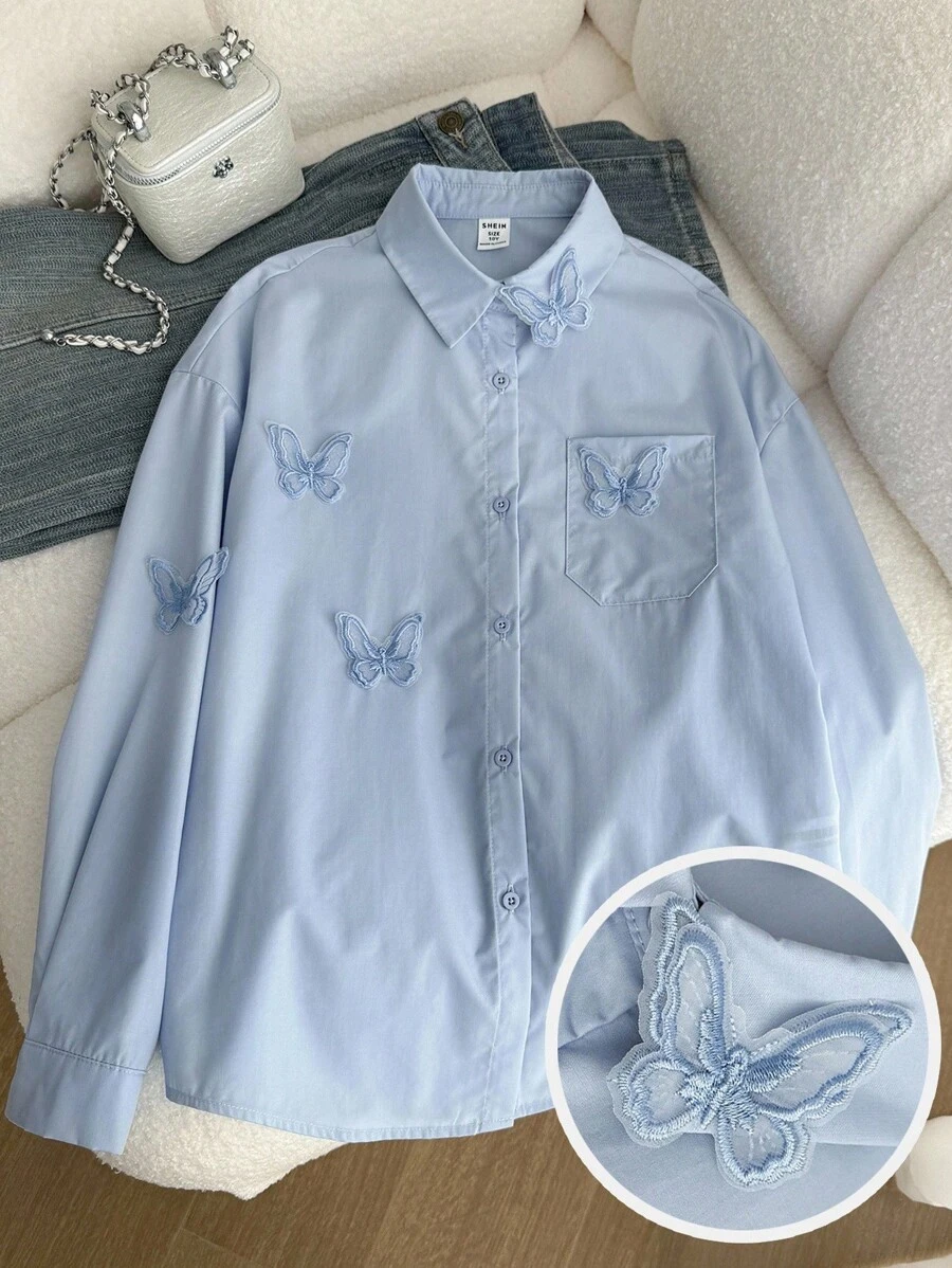 Tween 女童蓝色编织纯色蝴蝶结宽松可爱休闲衬衫,适合春季、秋季、冬季、秋冬分层穿着 - 藍色 - 查看 1