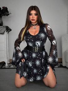Whyspr Grunge Punk Plus Size Women Dress,Black And White Fitted A-Line Flounced Asymmetric Sleeve Printed Fairy Elegant Night Out Club Autumn Halloween - Multicolor - View 4