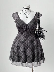 Sunspun Sukienka w kratę z nadrukiem i kwadratowym dekoltem i rękawami typu cap, letnia