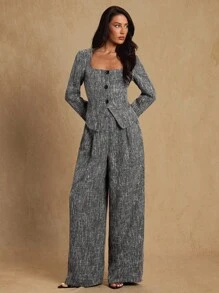 Glamine Women's Elegant Tweed Gray Long Sleeve Shirt + Elegant Wide Leg Gray Pants 2 Pieces Set, Suitable For Office, Daily Wear, Autumn/Winter Fall Cloth For Women - Grey - View 3