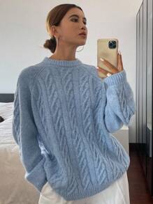 DAZY Women's Loose Fit Solid Color Crew Neck Cable Knit Sweater,Fall Women Clothes Modest Fashion - Blue - View 5