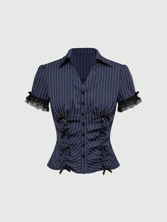 Grunge Punk Women's Striped Fitted Waist Lace Patchwork Short Sleeve Blouse