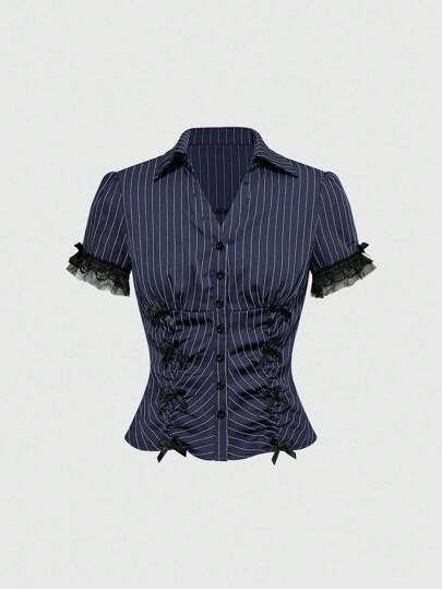 Grunge Punk بلوزة نسائية مخططة بخصر ضيق مع تصميم من الدانتيل