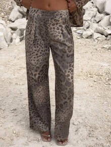 MUSERA Pantalones rectos con detalle de pliegue a medida con estampado de leopardo para ocasión de noche, elegante, otoño, Navidad, Año Nuevo, fiesta