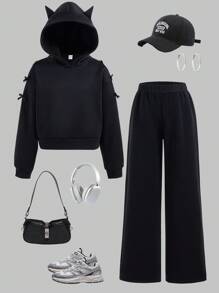 SHEIN 2pcs/Set Tween Girl Hooded Sweatshirt & Pants Set, Fashion Streetwear With Bow Decor, Solid Color