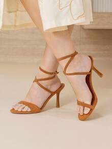 MOTF PREMIUM WOMEN'S 8.8CM SUEDETTE DEER SKIN STRAP BUCKLE FASHION MINIMALIST COMFORTABLE PEEP TOE HIGH HEEL SANDALS, BROWN FOR CHRISTMAS - Brown - View 7