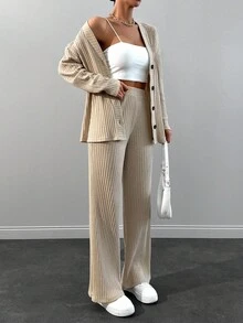 SHEIN Cottnline Feel Comfortable And Cozzy Cardigan Top& Pants Set - Beige - View 3