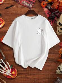 Manfinity Joysei 万圣节可爱鬼魂手拿咖啡杯休闲印花标准版型男士白色圆领 T 恤 - 白色 - 查看 1