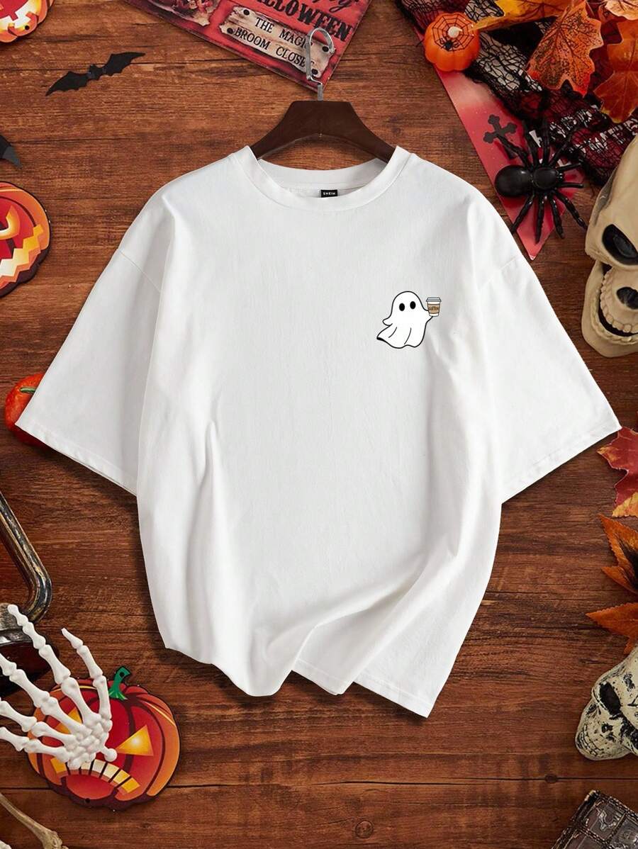 Manfinity Joysei 万圣节可爱鬼魂手拿咖啡杯休闲印花标准版型男士白色圆领 T 恤 - 白色 - 查看 1