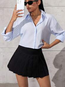 Jeanoix Women's Striped Drop Shoulder Casual Front Button Long Sleeve Shirt, Versatile For Summer Fall Cloth For Women - Baby Blue - View 1