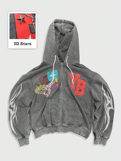 Street Life Sudadera con capucha con cremallera y estampado de estrella y letra vintage desgastado para hombre, otoño