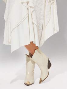 Solezae Women's Fibulae Embellished Pointed Toe Block Heel Ankle Cowboy Booties - Beige - View 4