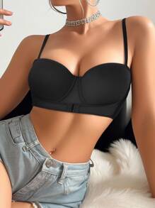 1pc Women's Solid Color Underwear, Small Bust Push Up Bra, Invisible Non-Slip Backless Seamless Bra - Black - View 4