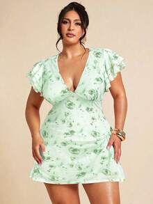 SHEIN BAE Đầm ôm sát cổ chữ V tay bèo họa tiết hoa thanh lịch cỡ lớn dành cho nữ, phù hợp mặc hàng ngày, đi chơi, hẹn hò, trà chiều, kỳ nghỉ, xuân/hè, trở lại trường - Màu xanh Bạc hà - Xem 3