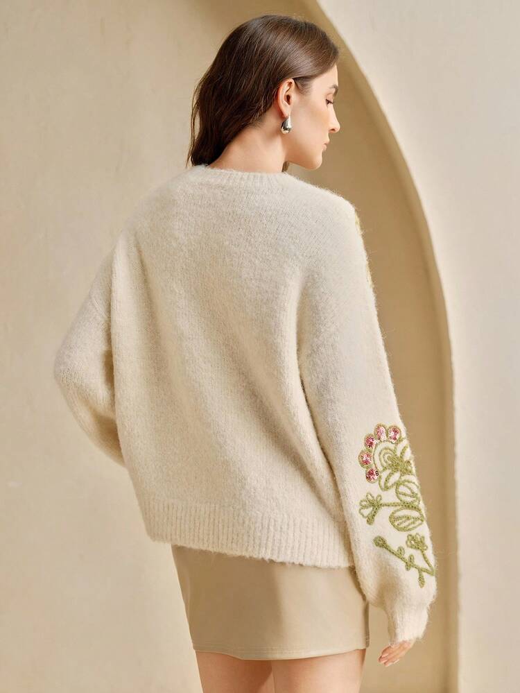 Damen Roségold Pailletten bestickte Strick Oversized Pullover mit Drop Shoulder und Langarm