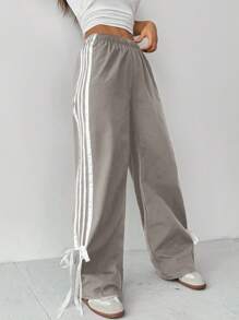 SHEIN PETITE Quần ống rộng lưng thun co giãn sọc hai bên dành cho nữ - Xám - Xem 6