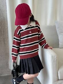 DAZY Young Girl Regular Turndown Collar Striped Korean Style Long Sleeve School Sweater Fall, Winter - Red - View 5