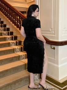 Flirla Black Velvet Cheongsam, Chinese Style Cheongsam, High Slit Short Sleeve, Elegant Halloween