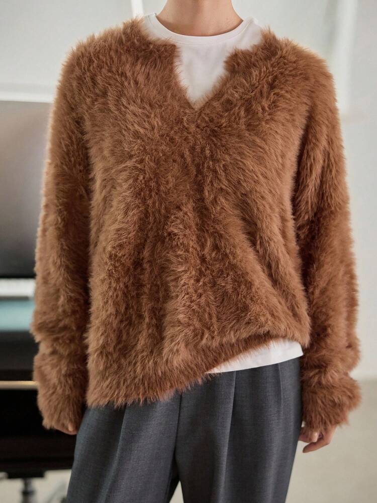 Women's Loose Business Casual Thick Fuzzy Minimalist Solid Color Knit Sweater, Suitable For Autumn And Winter Office Wear