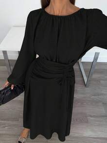 Siren Gaze 女士纯色简约长袖连衣裙，休闲日常穿着 - 黑色 - 查看 5