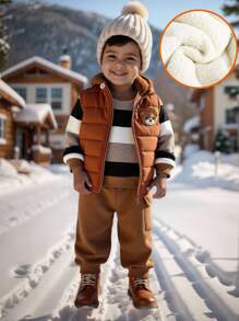 SHEIN 3pcs/Set Baby Boy/Girl Casual Cute Khaki Fleece Jacket Vest Outerwear, Khaki & Brown Striped Sweatshirt And Pants Set, Unisex Baby Clothes, Baby Winter Clothes, Halloween Costume Fall
