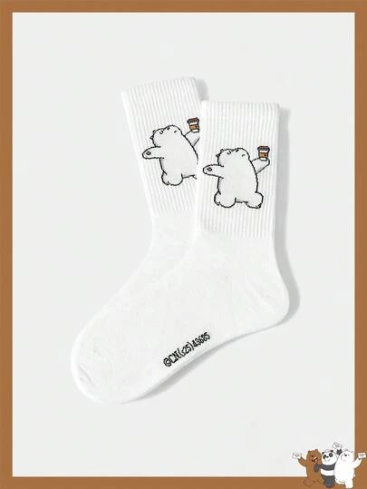 We Bare Bears X SHEIN 1 Pair Women's Cartoon Bear Pattern White Crew Socks