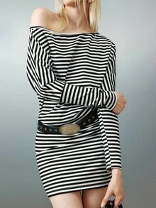 Airlisse Black Striped Off-Shoulder Long Sleeve Dress - Black and White - View 6