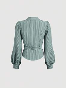 SHEIN MOD 條紋女裝襯衫，翻領、泡泡袖與腰部抓褶設計，V領商務休閒襯衫，適合秋季職場穿搭 - 綠色 - 查看 2