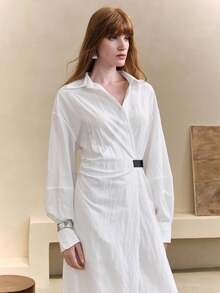 Arave 法式优雅通勤女士V领灯笼袖收腰衬衫裙 - 白色 - 查看 7