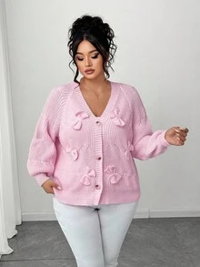 SHEIN CURVE+ 大码时尚休闲 V 领蝴蝶结女式宽松开衫，秋冬季外套上衣，粉色 - 粉色 - 查看 3