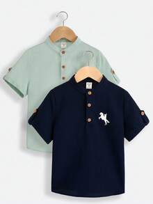 SHEIN 2入組青少年男孩休閒大學街頭風格藍綠色立領半扣短袖襯衫,適合春夏旅行、日常穿著和學校穿著 - 藍色 - 查看 5