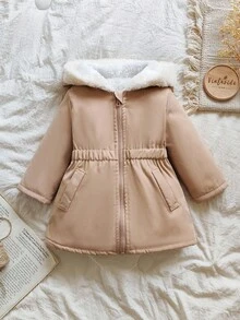 SHEIN Baby Girl Fashionable Versatile Thick Zip-Up Hooded Padded Coat, Suitable For Winter Daily Wear Fall - Khaki - View 3