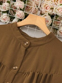 SHEIN LUNE CURVE Vestido largo de manga larga con botones delanteros de unicolor, para mujeres talla grande, atuendo de Navidad - Marrón Mocha - Ver 3