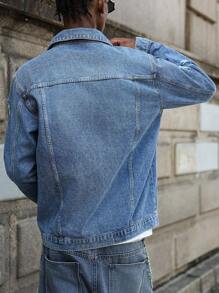 PAVTROS Chaqueta vaquera casual desgastada y desteñida para hombres - Azul - Ver 2