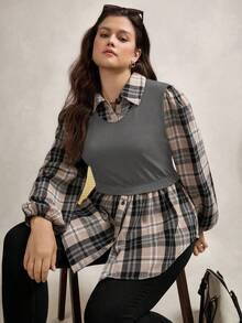 Zelara Plus Size Stand Collar Plaid Long Lantern Sleeve Knit Contrast Stitching Casual Casual Loose Blouse Shirts,Office Wear Women, Two Pieces In One With Button Decoration