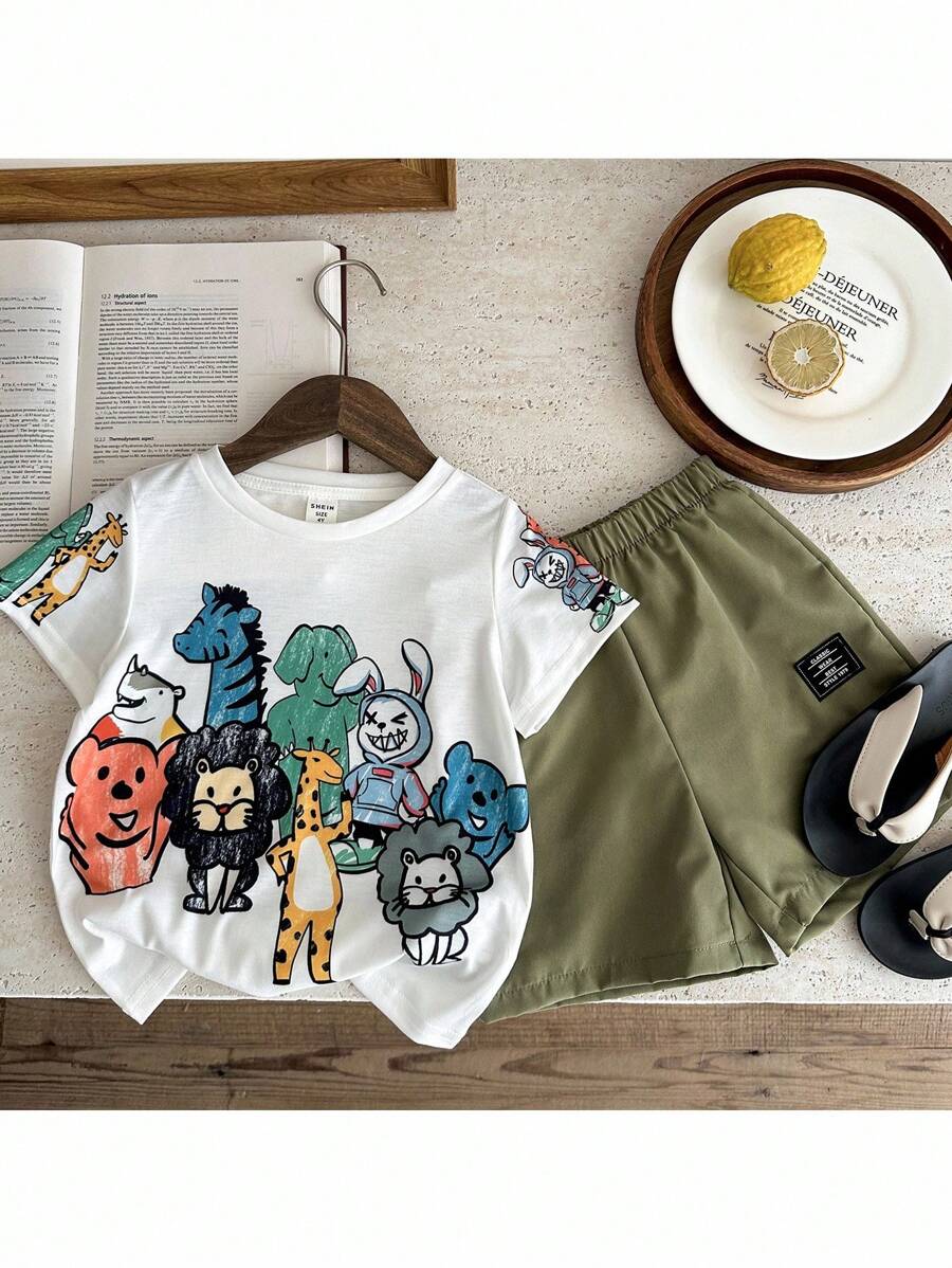 SHEIN 2pcs Young Boys Cute Casual Comfy Crayon Animal Print Crew Neck Short Sleeve T-Shirt And Shorts Set, Suitable For Kids/Toddler Outfits, Back To School, Birthday Parties, Weddings, Daily Wear, Travel, Sports, Spring/Summer - White - View 1