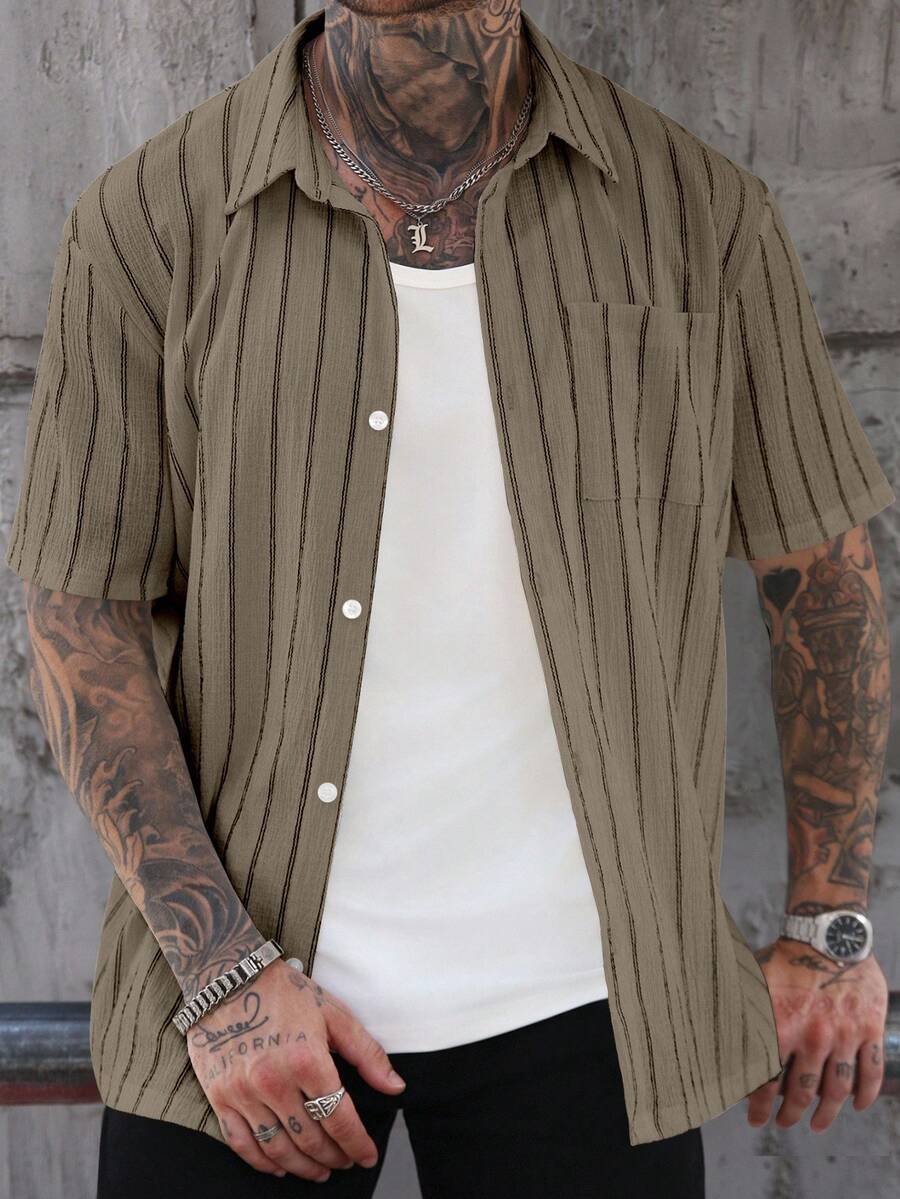 Manfinity Homme Men's Summer Casual Striped Textured Short Sleeve Shirt - Khaki - View 1