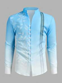 Manfinity RSRT Men Leaf Print Ombre Button Up Graphic Colorful Long Sleeve Americana Shirt For Work, Family Matching, Fall - Multicolor - View 4