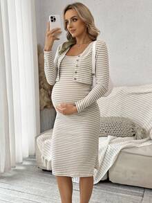 SHEIN 2 Stücke Umstandsmode Ananas Gestreift Bequemes Lässig Langarm Top und Kleid Set