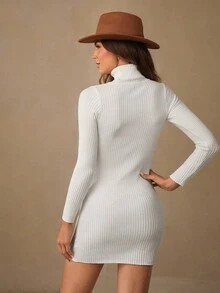 Wildy Turtleneck Split Hem Sweater Bodycon Black Grain Dress,Red Christmas Dress,Christmas Clothes,Christmas Top,Festival Clothes